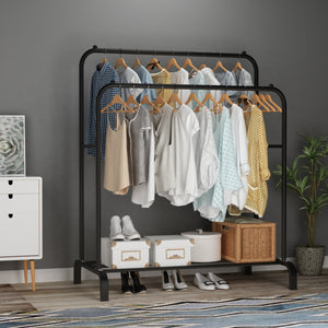 HQ&LP Garment Rack Freestanding Hanger Double Rods Multi-functional Bedroom Clothing Rack, Black